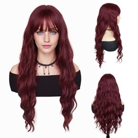 GNIMEGIL 28 inch Long Auburn Wig with Bangs Long Curly Wig for Women Natural Hairstyles Soft Synthetic Fiber Realistic Wine Red Wigs