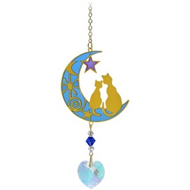 Wild Things Gifts Crystal Suncatcher - Two Cats In Crescent Moon with Star - Hanging Crystal Ornament With Gold Details - Rainbow Effect