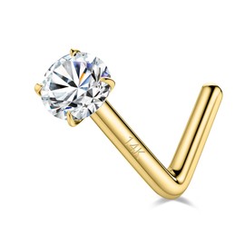 SYLWIA 14K Real Gold Nose Studs, 20g 18g L Shaped Nose Rings, Simulated Emerald Diamond CZ - 2mm 2.5mm 3mm, Hypoallergenic Corkscrew Nose Ring Piercing for Women Men (20g,2.5mm Clear CZ)