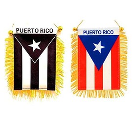 Set Of 2 Puerto Rico Black & Red Window Hanging Flag - Rear view Mirror & Double Sided - Fringed Puerto Rican Mini Banner with Suction Cup
