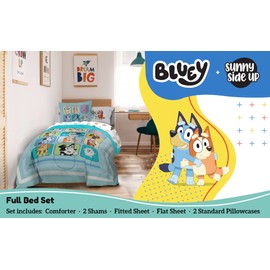 Sunny Side Up Bluey & Friends Full Comforter Set - 7 Piece Kids Bedding Includes Comforter, Sheets & Pillow Cover - Super Soft Microfiber Bed Set