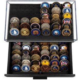 Parkway Home Black Military Challenge Coins Display Holder with American Flag,Solid Wood Challenge Coin Stand with Drawer,Challenge Coin Display Case for Collector, Military Coin Holder Rack for Desk