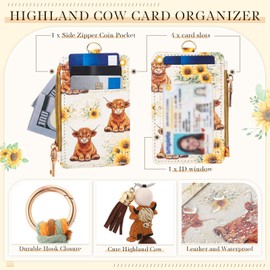 Capoda Highland Cow Sunflower Credit Card Holder Small Cow Wallet Accessories with 2 Keychain Wristlets Highland Zipper Coin Pocket ID Window Wristlet Wallets for Women Lady Travel Summer Party Gifts