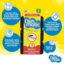 Dishmatic Black Extra Heavy-Duty Washing-Up Sponge Refill Heads with Antibacterial Abrasive - Kitchen Washing-Up Handle Refills - 3pk x 9