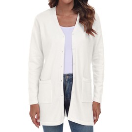 YUNDAI Women's Cardigans Open Front Lightweight Knitted Solid Color Long Cardigan for Women UK Long Sleeve Button Down Loose Sweater with Pockets White