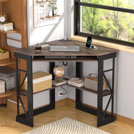 VECELO Corner Home Office Desk Table w/Charging Port Keyboard Tray And Storage Shelves - Brown