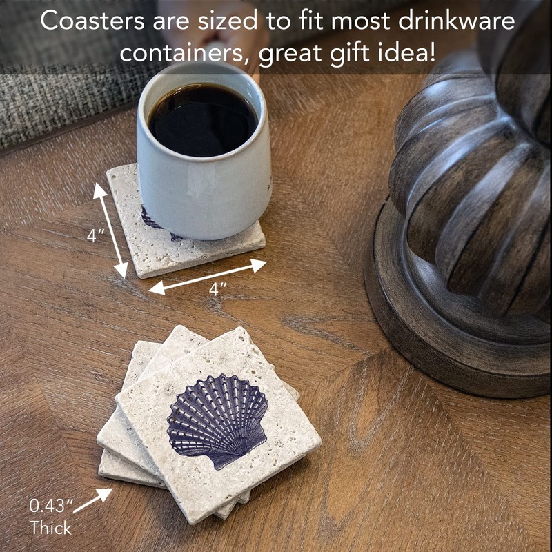 Thirstystone Scallop Shell 4 Pack Natural Travertine Absorbent Stone Coasters
