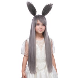 Edivd Kids Silver Wig Girls Long Silver Wig with Air Bangs Silver Straight Wig for Child Heat Resistant Synthetic Wig with Wig Cap