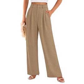 PRETTYGARDEN Women's Summer Work Pants Elastic High Waisted Straight Leg Business Casual Dressy Trousers Slacks with Pockets (Khaki,Large)