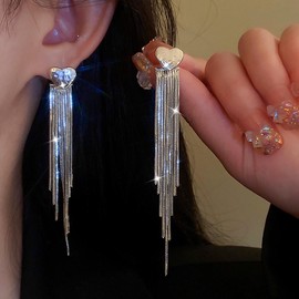 TseenYi Boho Long Tassel Chain Earring Silver Heart Stud Earring Long Chain Fringe Dangle Earring Heart Chain Drop Front Back Earring Chain Love Jacket Earring Jewelry for Women and Girls