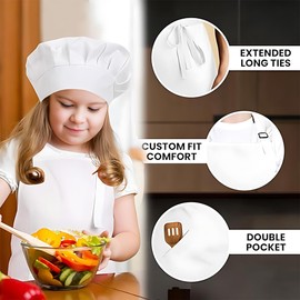 EIYVUAL Children's Apron and Chef's Hat Set, Adjustable Children's Cooking Apron, Children's Apron for Painting, Apron, Kitchen Apron, Craft Aprons with Pockets for Cooking, Baking, Painting, 7-13