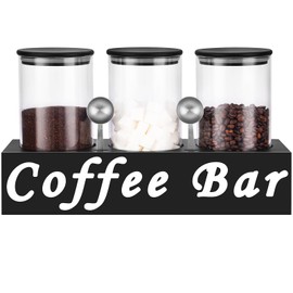ZOMUIA Glass Coffee Containers Airtight Coffee Bean Storage Jars with Shelf, 3Pcs 44oz Coffee Station Organizer Coffee Canisters, Kitchen Food Storage Jars for Sugar, Candy, Oats, Nuts (BLACK)