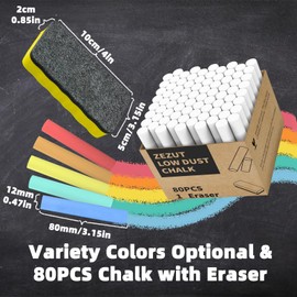 ZEZUT White Chalk with Eraser, 80PCS Low Dust Chalks Stick Bulk for Chalkboard Blackboard Non-Toxic