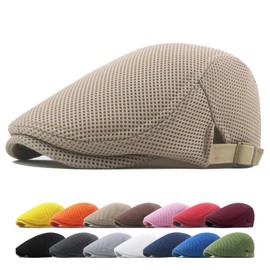 meioro Mens Summer Flat Cap Mesh Breathable Newsboy Hat Adjustable Beret Ivy Cap Cabbie Driving Hats（Khaki）