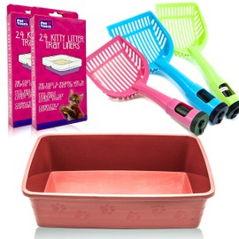 Set of 3 Kitty Cat Essentials CAT LITTER TRAY with 48 Kitty Cat Litter TRAYS LINERS and CAT LITTER SCOOP with 20 Waste Bags Assorted Bundle for Cat Litter Disposal (Brick Red)