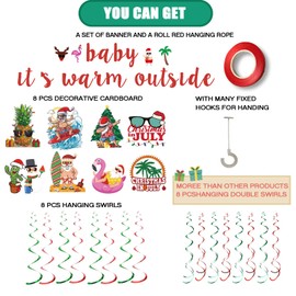 Christmas in July Banner and 16 Pcs Hanging Swirls, Christmas in July Decoration Indoor Outdoor, Beach Santa Holiday Party Christmas Party Supplies, Christmas Decor for Photo Booth Props