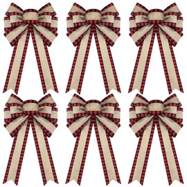 6 Pieces Christmas Buffalo Plaid Bow Plaid Burlap Wreath Bow Rustic Burlap Ribbon Bow Check Wired Plaid Bow Natural Plaid Bow for Christmas Tree Crafts DIY Decoration, 6 x 12 Inch (Red and Black)
