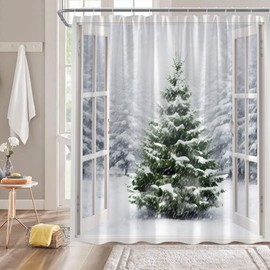 GCTNBJL Pine Tree Winter Shower Curtain Green Tree Forest Snowflake Snowy Day Nature Winter Scenery Bathroom Decor Fabric Curtain with Hooks