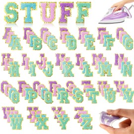 Fanfanwin 105 Pcs Chenille Letter Patches Self Adhesive Iron on Colorful Chenille Embroidered Patches with Gold Glitter Jean Stickers for Clothing Hat Backpack Bag Jacket(Macarons Color)