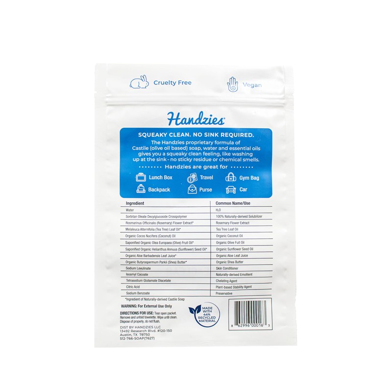 Handzies Natural Soap and Water Hand Wipes, Hypoallergenic, Free and