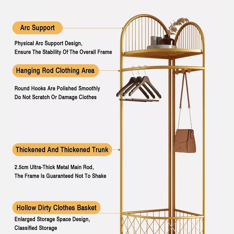 HKaikzo Corner Coat Rack, Gold Clothes Rack with 6 Metal
