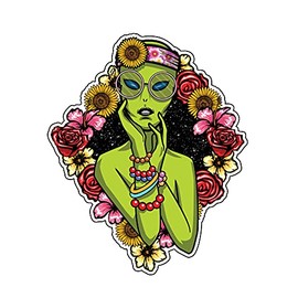 WickedGoodz Alien Hippy Girl Vinyl Decal - Flower Bumper Sticker - for Laptops Tumblers Windows Cars Trucks Walls