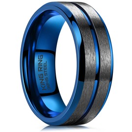 King Ring 8mm Flat Lines Ring – Ultra Polished Mens Ring with Two Matt Lines Stainless Steel Wedding Band K18 – Blue Black 9