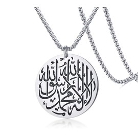 Hisatan Unisex Stainless Steel Muslim Quran Shahada Arabic Calligraphy Islam Allah Round Pendant Necklace