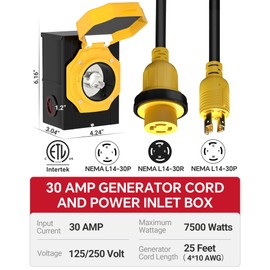 Marsflex 25FT 30 Amp Generator Cord and Power Inlet Box, Pre-Drilled Generator Inlet Box with NEMA L14-30P / L14-30R Generator Cord, for 125/250 Volt 7500 Watts, Weatherproof Outdoor Use, ETL Listed