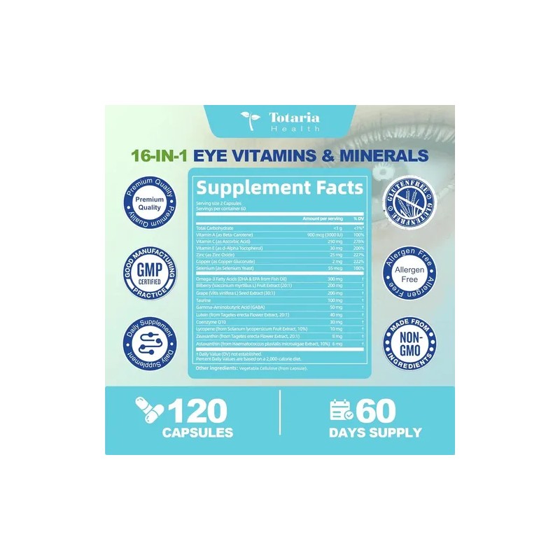Suplemento de Luteína y Zeaxantina Totaria Vitaminas Oculares en Cápsulas,