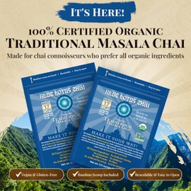 Blue Lotus Chai Tea - Fully Organic Traditional Masala Chai - Makes 17 Cups - 0.5 Ounce Masala Spiced Chai Powder with Organic Spices - Instant Indian Tea No Steeping - No Gluten