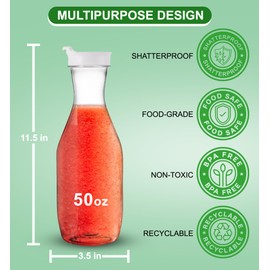 Party Bargains 50 oz. Plastic Carafe with Lids - Clear, 6 Count, White Flip Tab Lid Premium Quality & Heavy Duty Plastic Pitcher for Iced Tea, Powdered Juice, Cold Beverages, Mimosa Bar