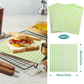 GeeRic GeeRic Waxed Deli Paper Sheets 7 * 7 Inch, 100 Pcs Food Basket Liners for Sandwiches, Burgers, Checkered Deli Wrap Wax Paper Sheets Green