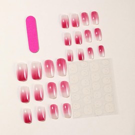 Pink Press on Nails Medium Square Fake Nails - Chrome False Nails Press ons with Design - Reusable Acrylic Nails Glossy Full Cover Stick on Nails for Women Manicure 24 Pcs