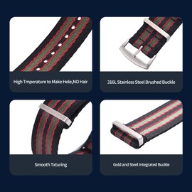 JWNSPA Military Watch Strap - Seat Belt Nylon Watch Straps - Choice of Color and Size (20mm or 22mm) (Black And Red And Green, 20mm)
