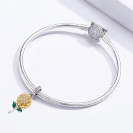 Shysnow Sunflower Charms Bracelets 925 Sterling Silver Flower Pendant Charms Gold Plated Cubic Zirconia Charm Bead Fit Bracelet Necklace Bangle, Plata esterlina, circonita