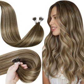 LaaVoo Nano Ring Hair Extensions Blonde Nano Bead Hair Extensions Human Hair 24 inch Balayage Dark Brown to Light Brown and Blonde Nano Hair Extensions Human Hair 50g 50s