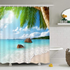 X-Labor Beach Motif Shower Curtain Waterproof Fabric Anti-Mould Includes 12 Shower Curtain Rings Washable Bath Curtain 240 x 200 cm Pattern E