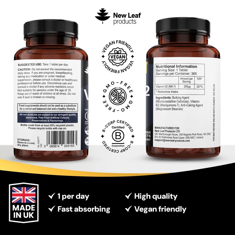 Vitamin K2 MK7 200mcg 1 Year Supply - Vegan Menaquinone-7