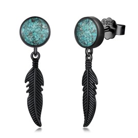 KoyeKei Black Feather Earrings for Men Women 925 Sterling Silver Turquoise Feather Dangle Drop Earrings Vintage Punk Jewelry Christmas Gifts for Women
