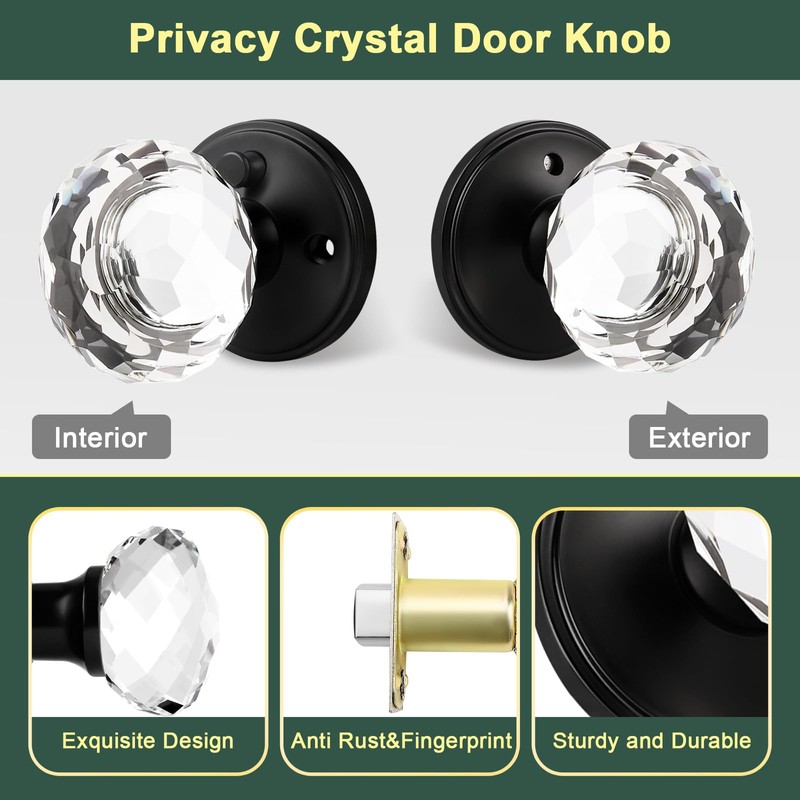 Lepushom 5 Pack Crystal Door Knobs Interior, Elegant Matte Black