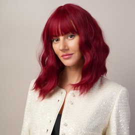 Stylophyx Red bob wig with bangs 16 inches short synthetic fiber bob for women role - playing, dramas/stage plays, birthday parties