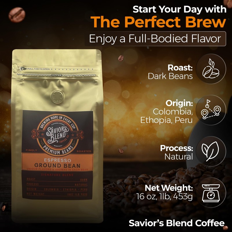Savior's Blend Coffee Premium Espresso Ground Coffee, Dark Roast, Colombian-Ethiopian-Peruvian