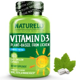NATURELO NATURELO Vitamin D - 2500 IU - Plant Based from Lichen - Natural D3 Supplement for Immune System, Bone Support, Joint Health - Vegan - Non-GMO - Gluten Free - 180 Capsules