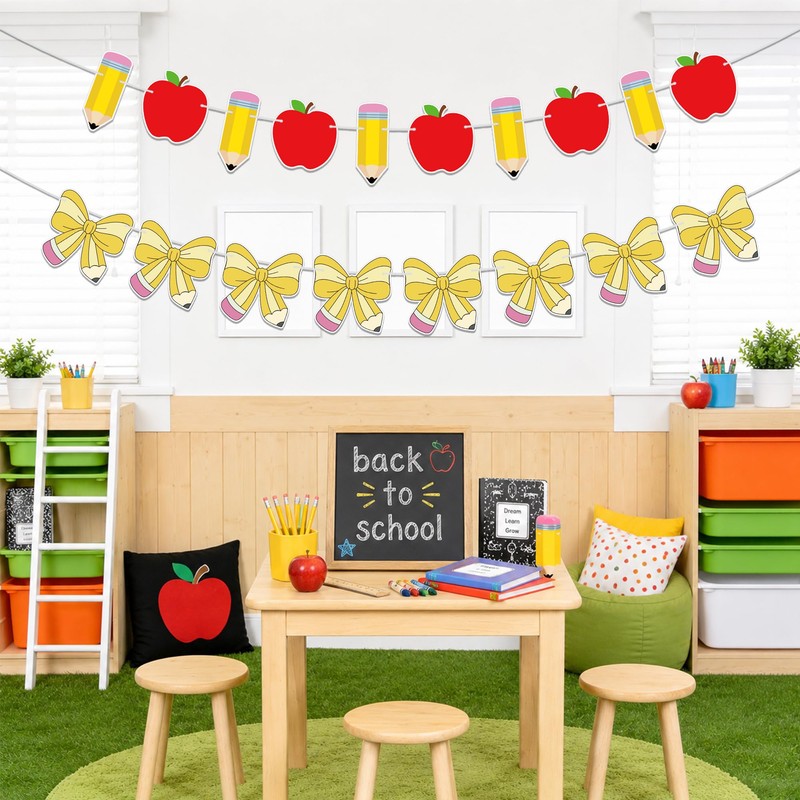 Back to School Decorations, Pencil Apple Bow Banner Garland NO