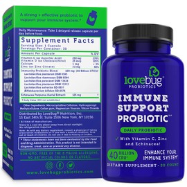lovebug PROBIOTICS Immune Support Daily Probiotic for Men & Women, 40 Billion CFU & 6 Strains, Includes Vitamin C, Zinc & Echinacea, 30 Capsules, Vegan & Non-GMO