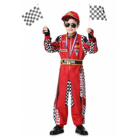 aicoaub Race Car Driver Costume Boys Racer Jumpsuit Kids with Sunglasses Cap Medals Waist Bag Flag for Toddler Carnival Dress up