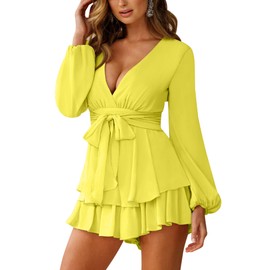 Relipop Women's Romper Floral Print V Neck Baggy Sleeve Waist Tie Layered Ruffle Hem Short Casual Summer Rompers Jumpsuits Yellow Large