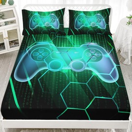 Axolotl Gamepad Fitted Sheet Twin,Gaming Sheet Set,Number Video Gaming Fitted Sheet,Geometry Hexagonal Bed Sheet,Boys Game Console Sheet for Boys Teens Men,1 Flat Sheet 1 Fitted Sheet 2 Pillowcases