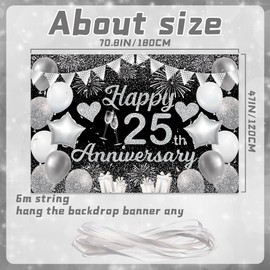 25th Anniversary Decorations, 25th Wedding Anniversary Decorations Black Silver Happy 25th Anniversary Banner Backdrop 70.8x47inches for Photo Background Birthday Decorations